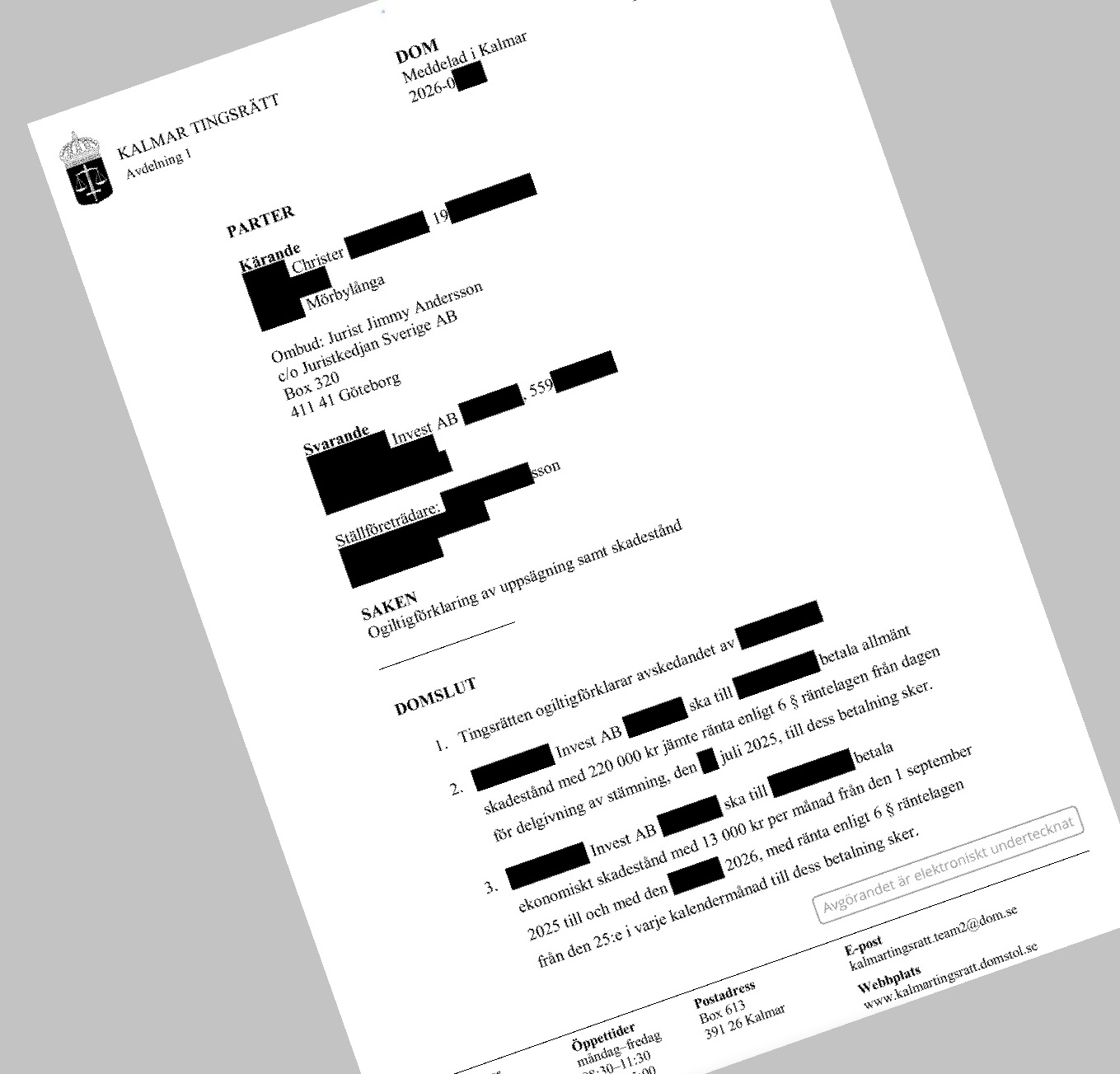 Ogiltigförklaring av avskedande i Kalmar tingsrätt