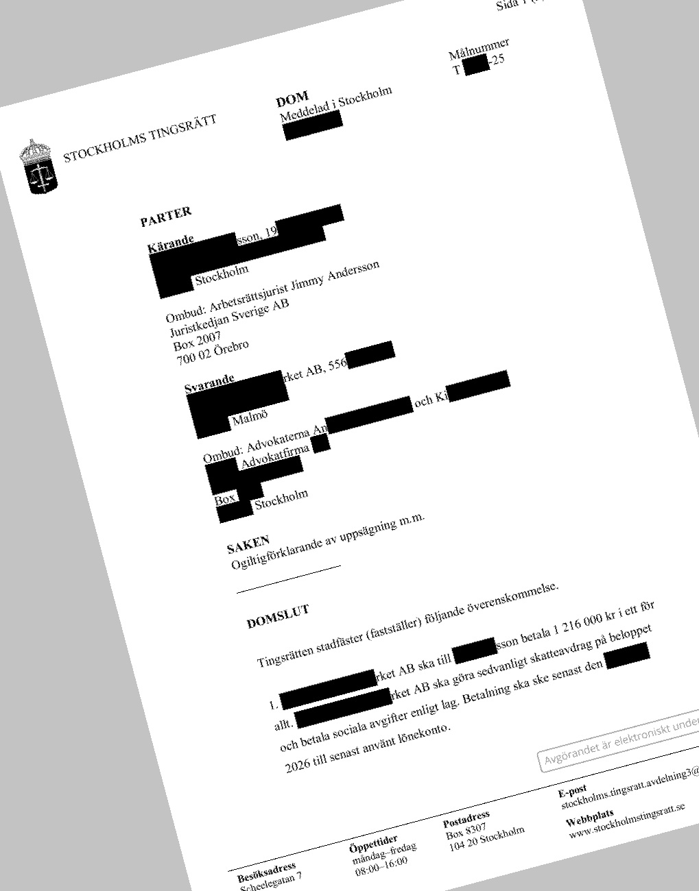 Ogiltigförklaring av uppsägning gav över 1 miljon i skadestånd i Stockholms tingsrätt