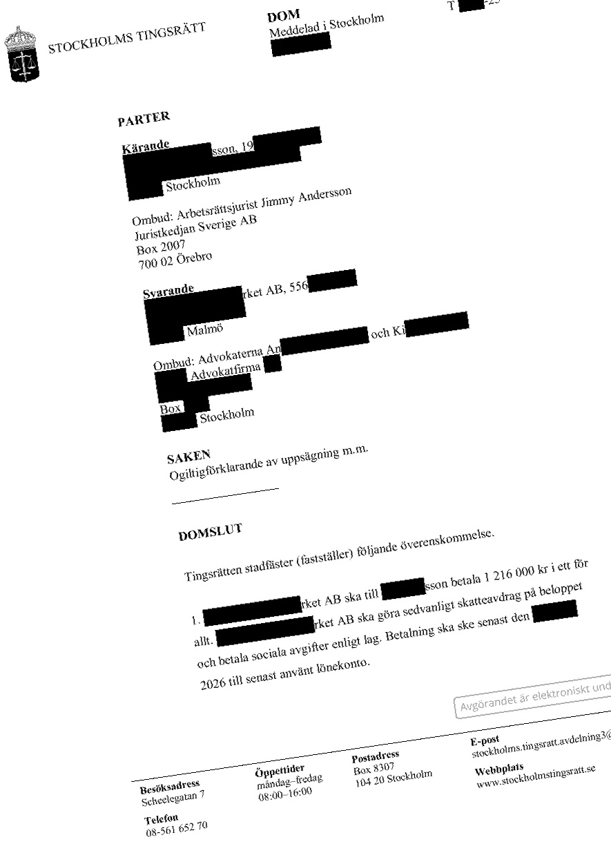 Drygt 1 miljon efter ogiltigförklaring av uppsägning i Stockholms tingsrätt