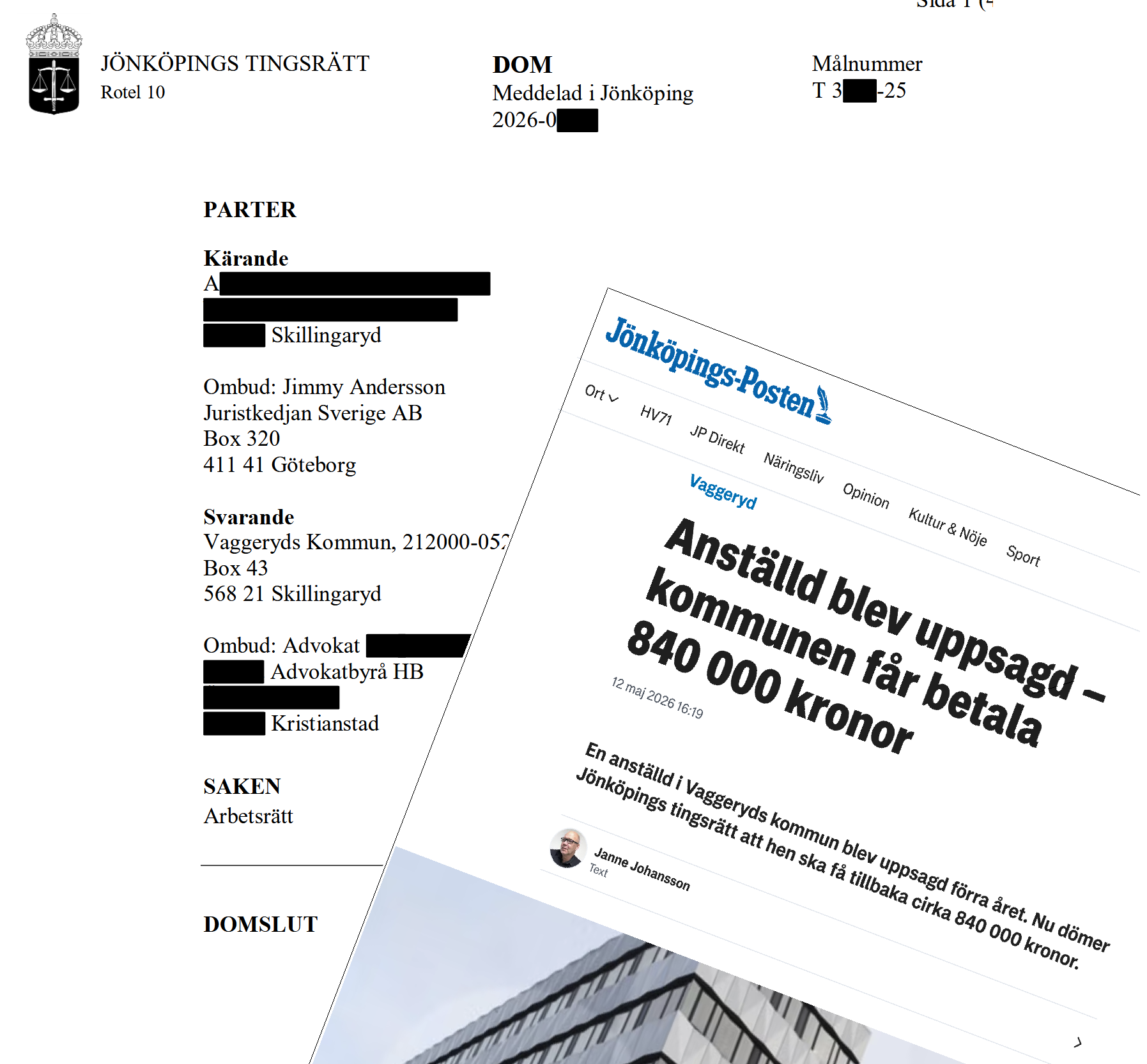 Dom Jönköpings tingsrätt, uppsägning utan sakliga skäl