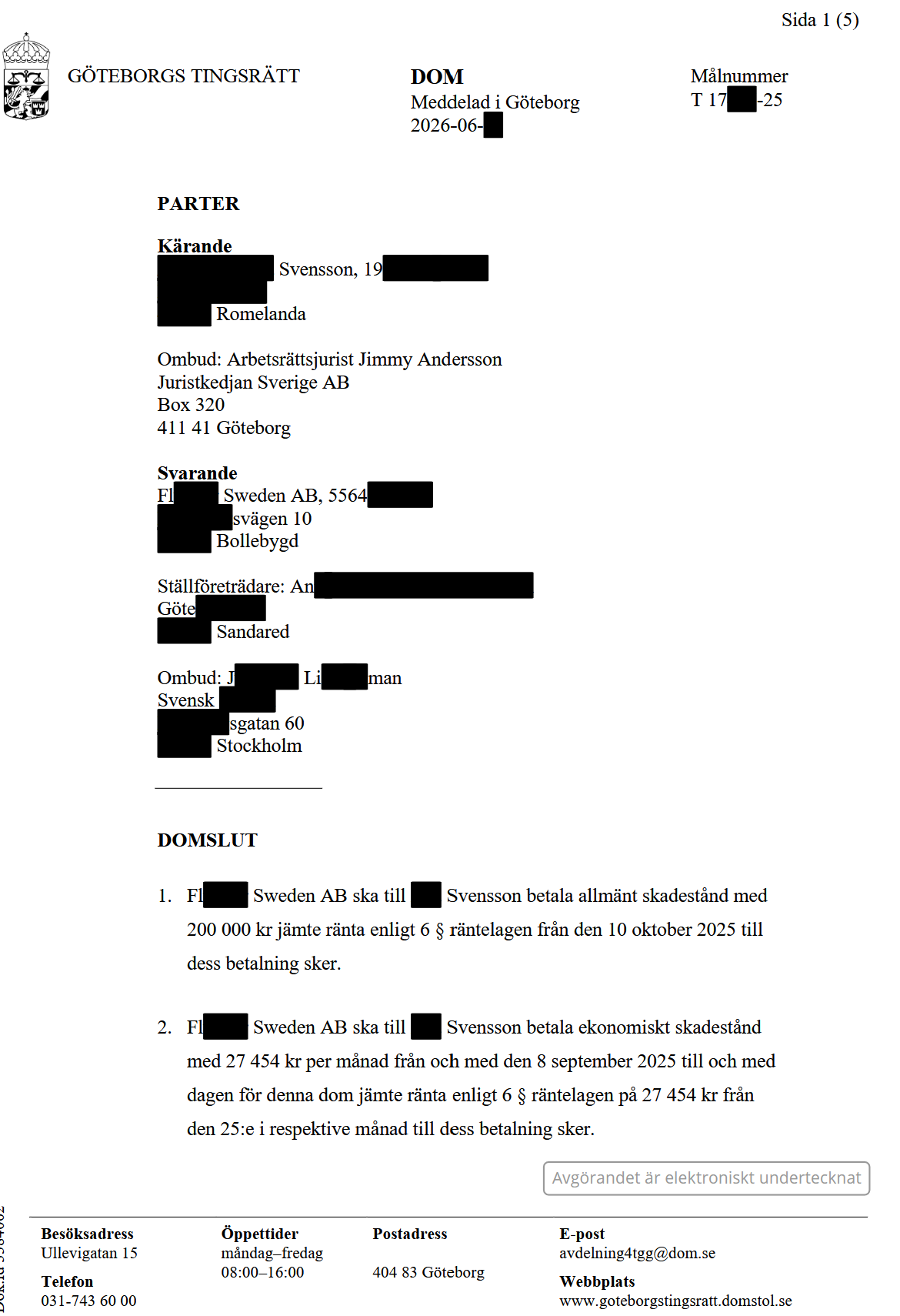 Dom avskedande utan grund skadestånd